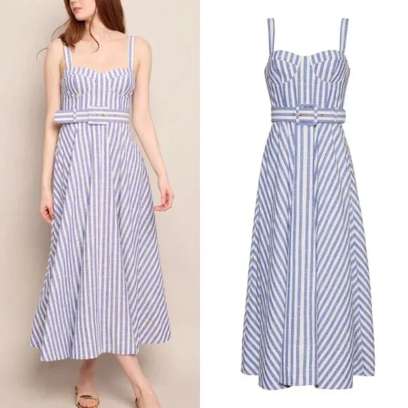 NEW Cara Cara Calypso Midi Dress Sz6 Ivory Blue Striped Seersucker Vacation - Picture 3 of 13